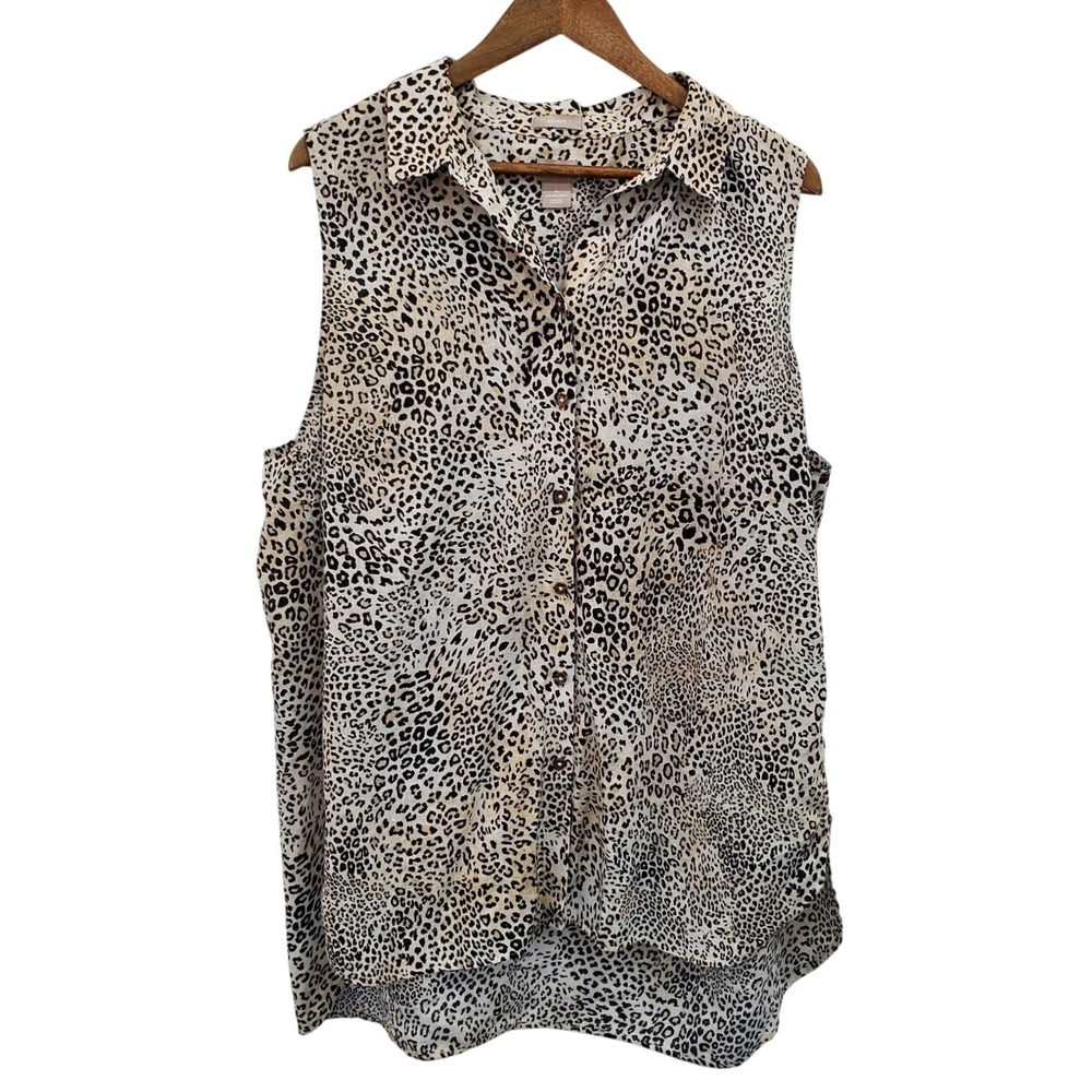 Chico's 100% Linen Sleeveless Button Up Leopard Print Blouse Top Size 4 (XXL)
